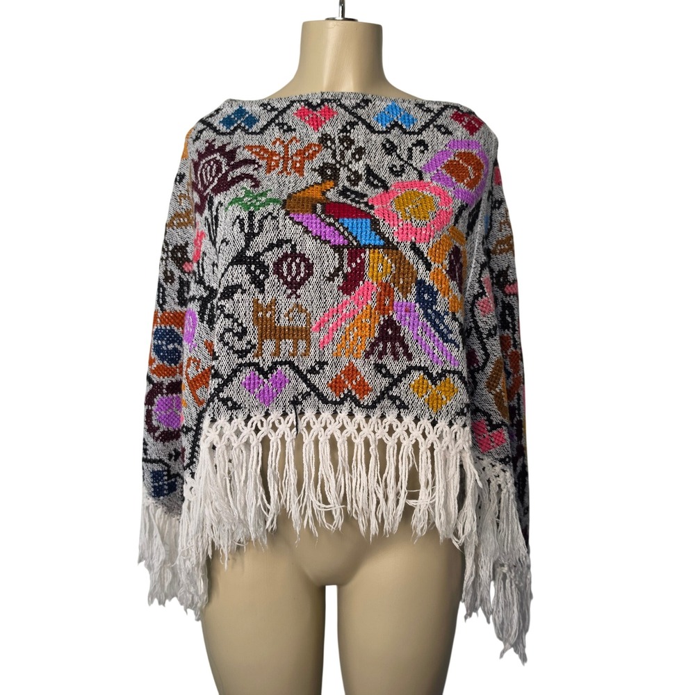 Handmade Poncho Womens Multi Color Folk Art Bird Woven Fringe Boho Top Bohemian